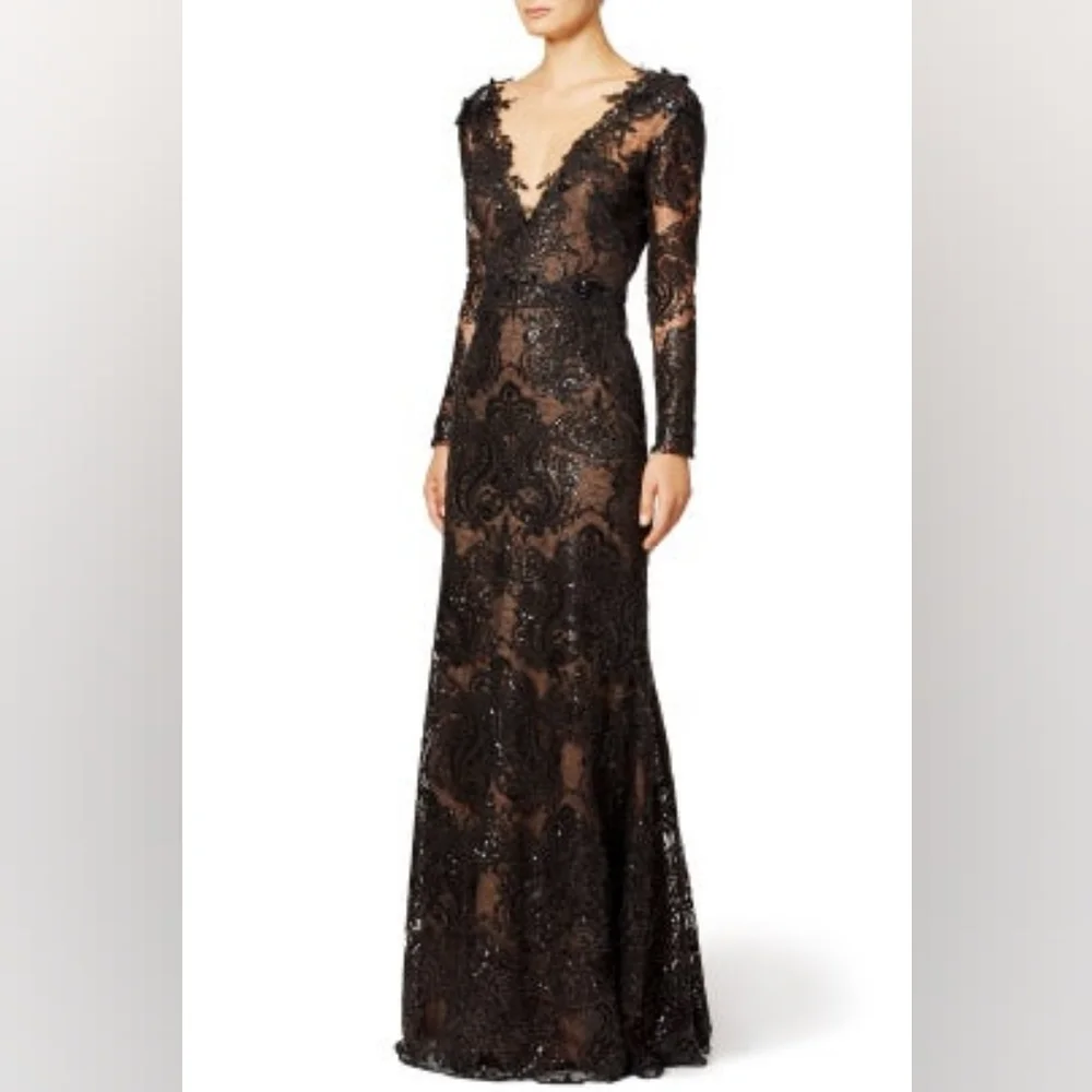 $1,500.00 MARCHESA NOTTE EXCL BLACK LACE BEAD RUNWAY GOWN S - Picture 5 of 14
